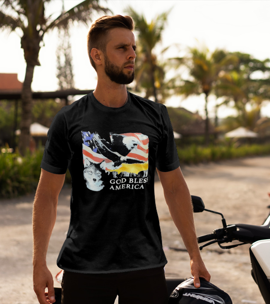 God Bless America Bald Eagle Wolf And American Flag Patriotic T-Shirt
