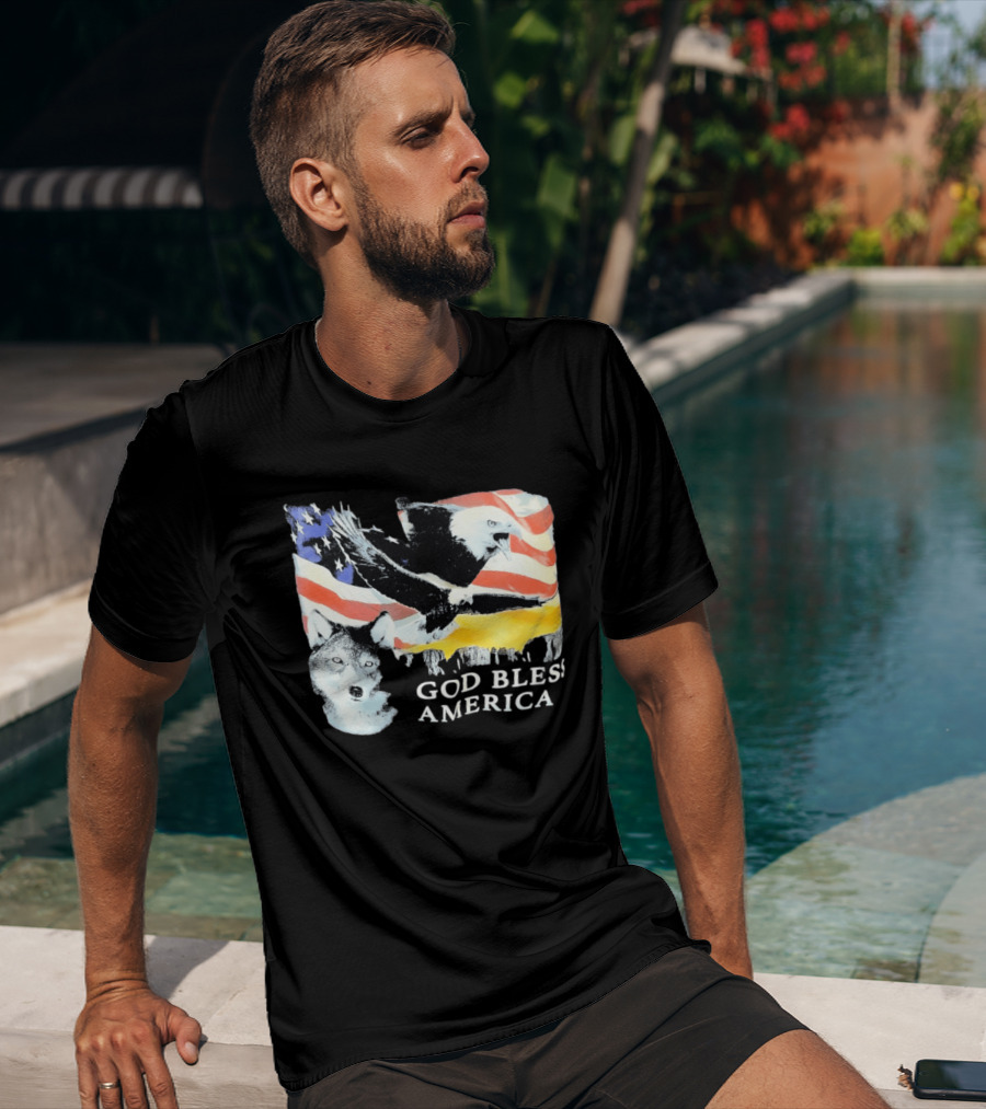 God Bless America Bald Eagle Wolf And American Flag Patriotic T-Shirt