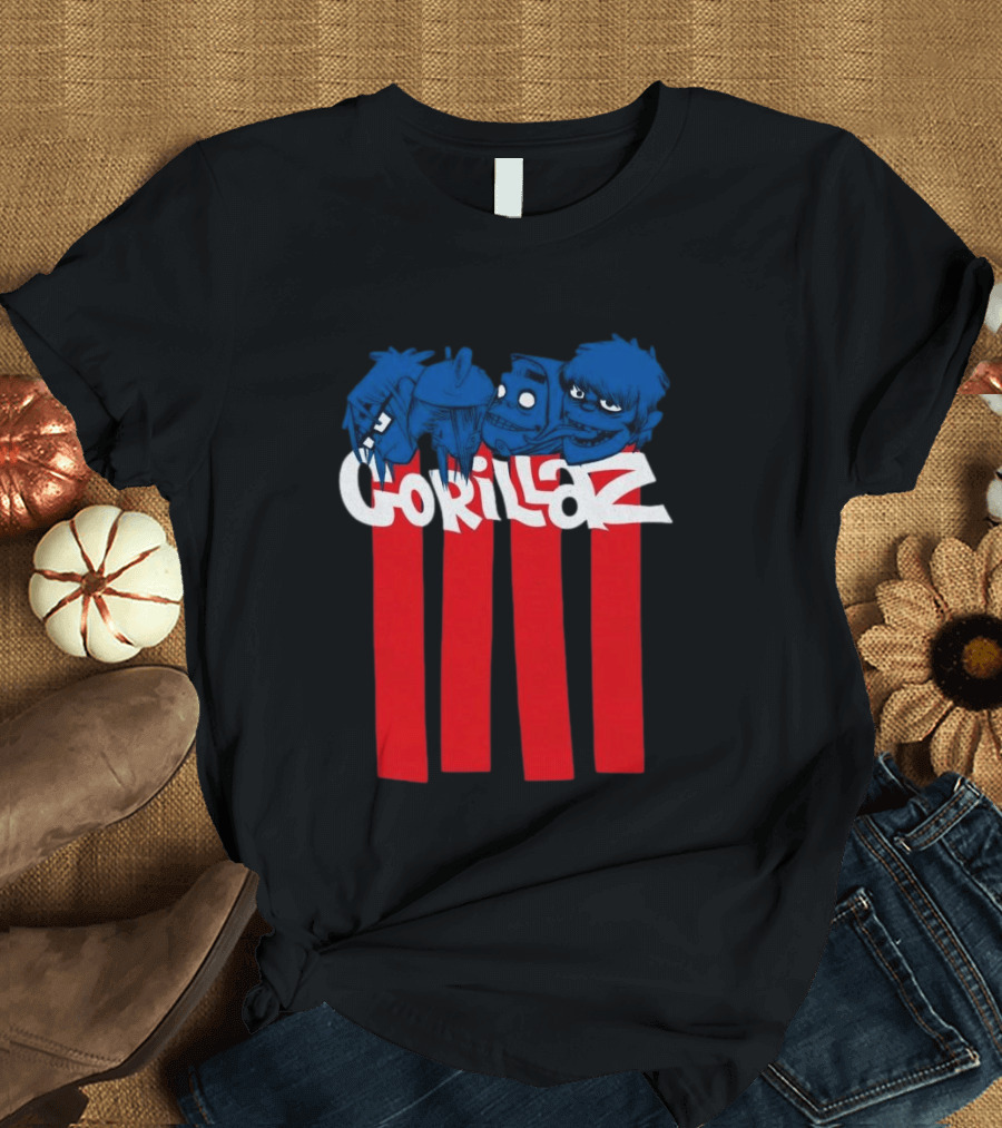GORILLAZ Pez Heads Characters Red Stripes T-Shirt
