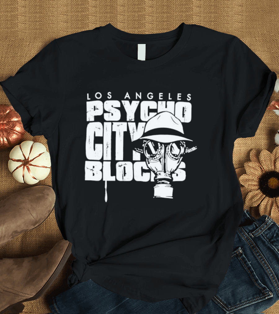 Los Angeles Psycho City Blocks Gas Mask Helmet Bold Lettering T-Shirt