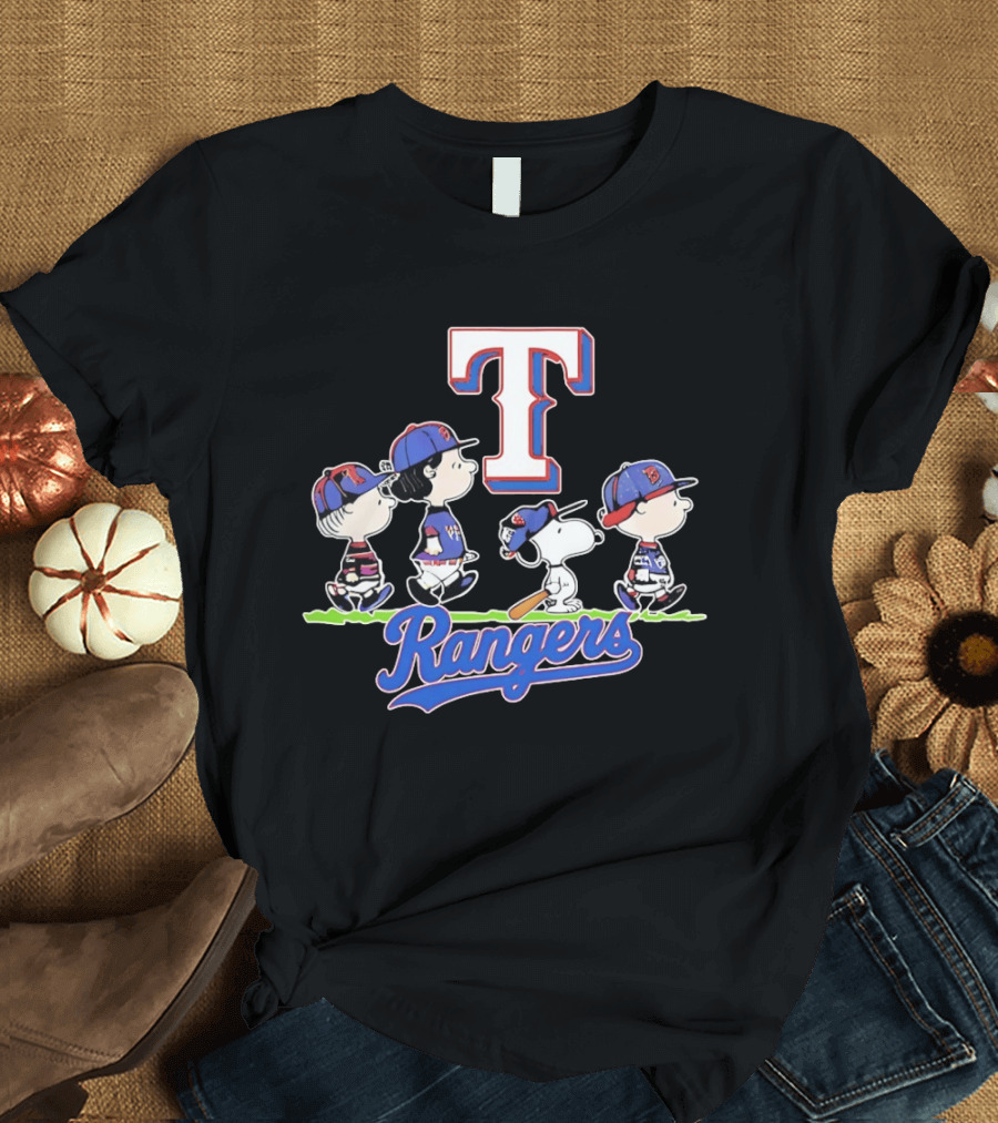 Peanuts Characters Walking With Texas Rangers Baseball Team T-Shirt