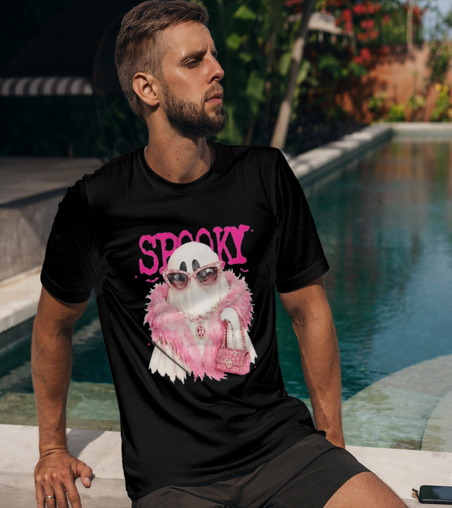 Spooky Glamorous Ghost With Pink Fur And Sunglasses T-Shirt