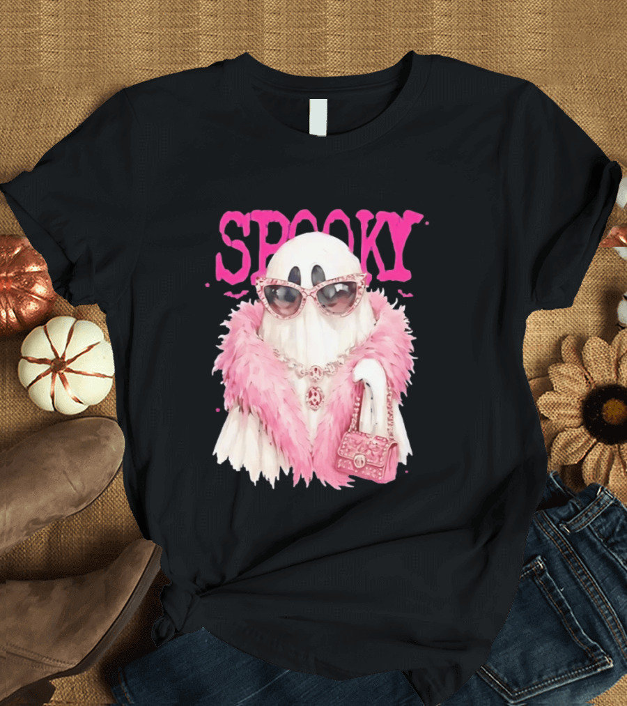 Spooky Glamorous Ghost With Pink Fur And Sunglasses T-Shirt