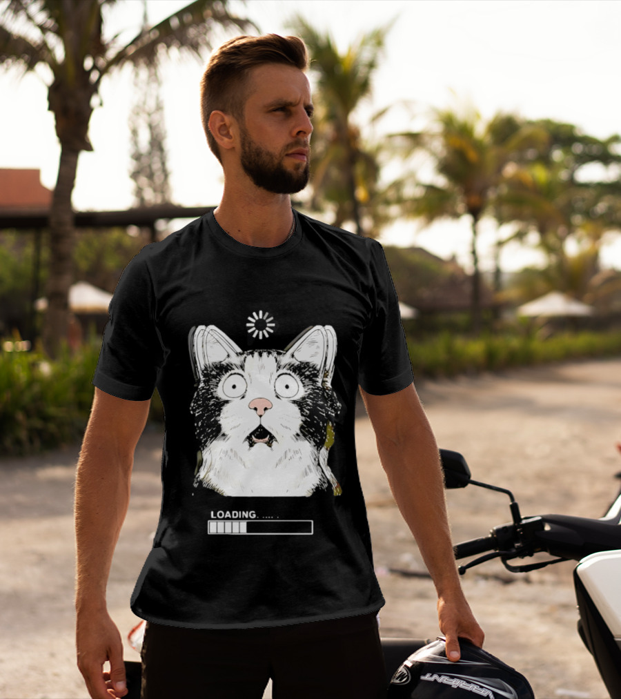 Startled Tuxedo Cat Staring Wide Eyed Beside Loading Progress Bar Meme T-Shirt