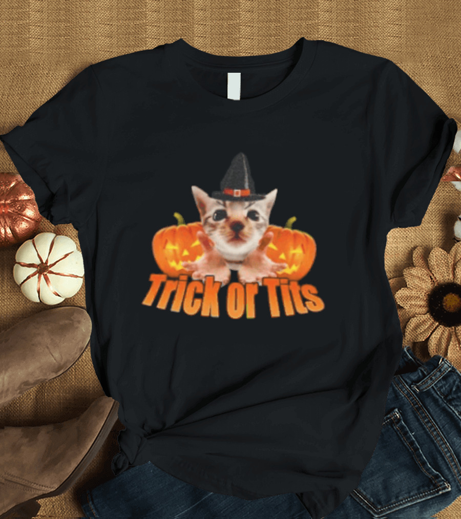 Trick Or Tits Halloween Cat Witch Pumpkin Hat T-Shirt