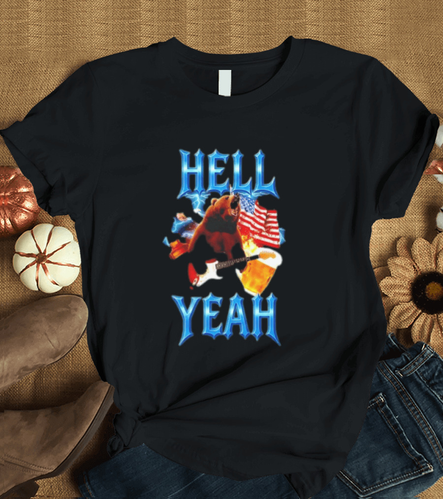 Hell Yeah Bear American Flag Guitar Beer Celebration T-Shirt