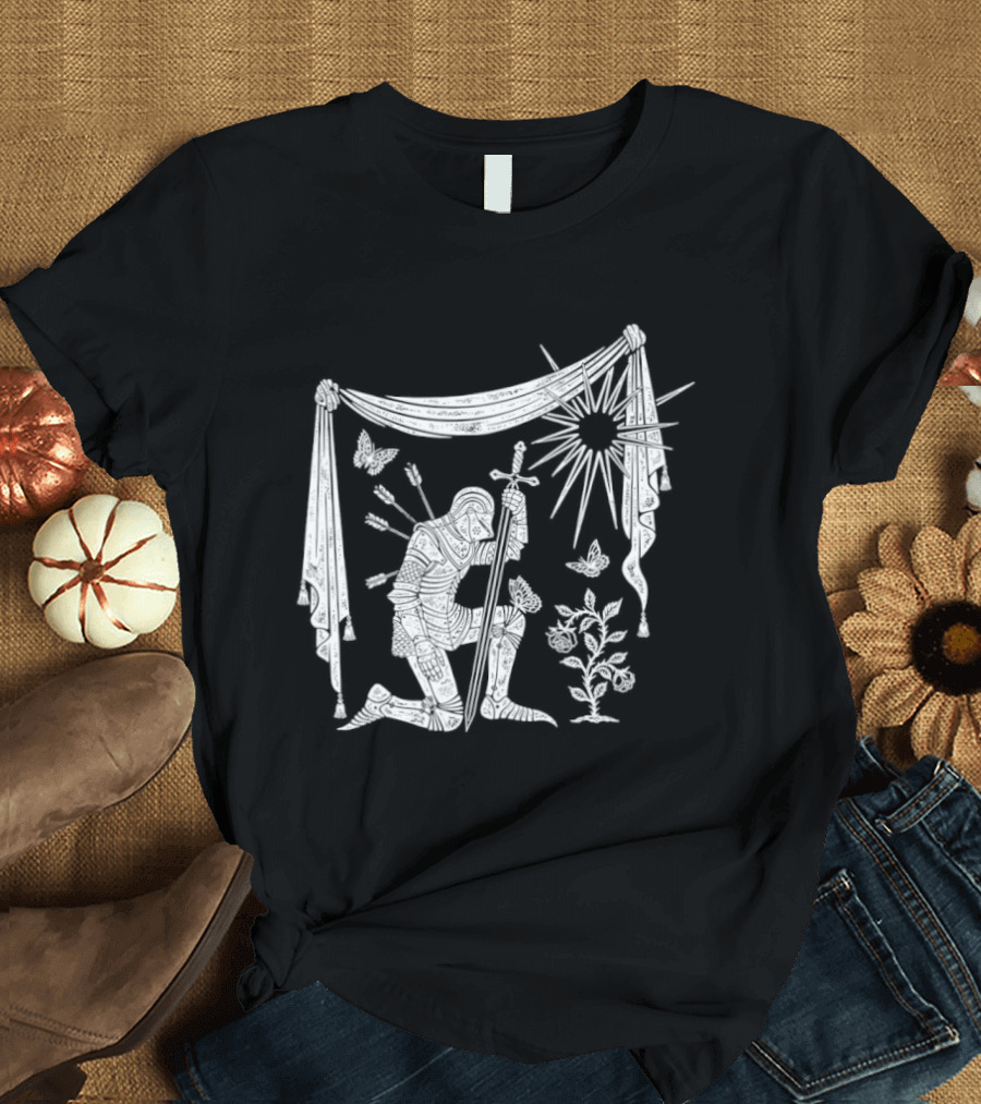 Knight Kneeling With Sword And Arrows Medieval Warrior Sun And Nature Motif T-Shirt