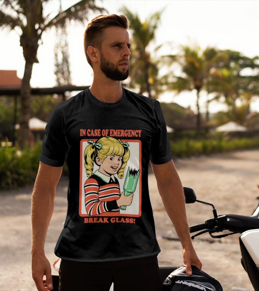 In Case Of Emergency Break Glass Blonde Girl With Striped Sweater Holding Broken Bottle T-Shirt