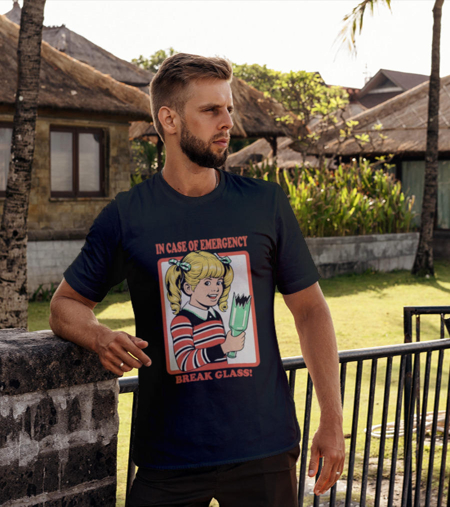 In Case Of Emergency Break Glass Blonde Girl With Striped Sweater Holding Broken Bottle T-Shirt
