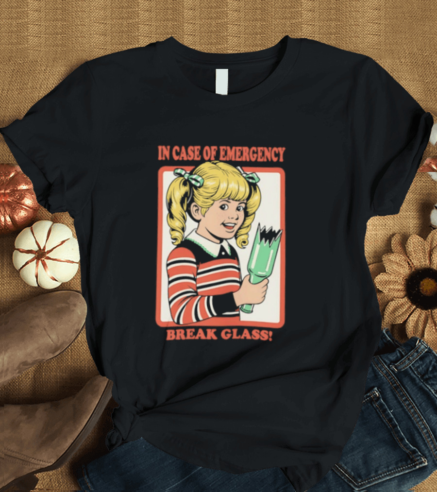 In Case Of Emergency Break Glass Blonde Girl With Striped Sweater Holding Broken Bottle T-Shirt