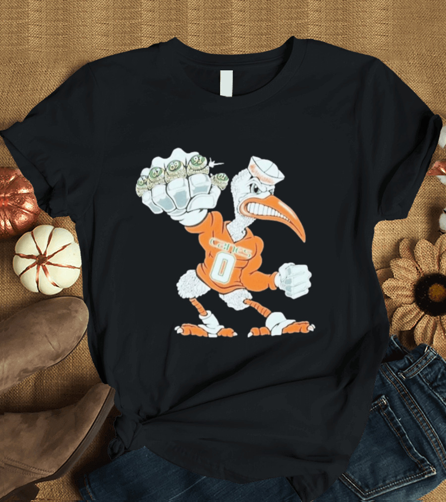 Miami Hurricanes Sebastian The Ibis 5 Rings Champs 1983 1987 1989 1991 2001 T-Shirt