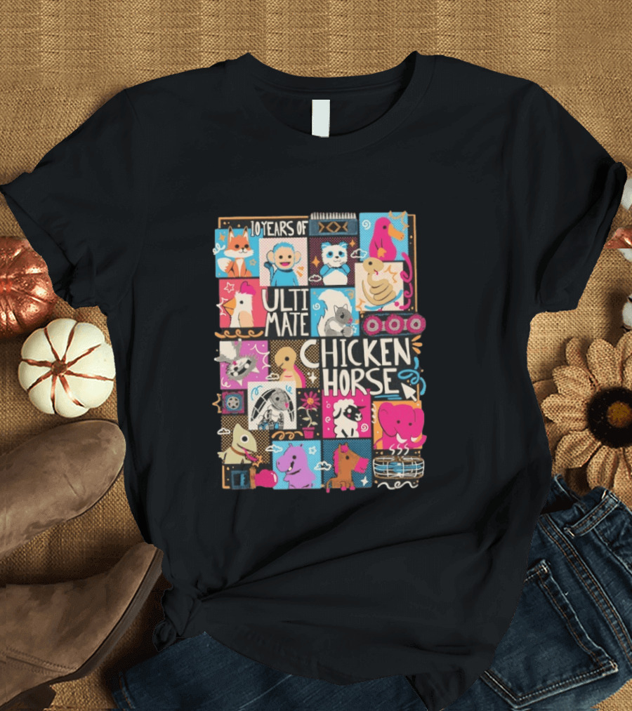 10 Years Of Ultimate Chicken Horse Anniversary With Colorful Animal Characters T-Shirt