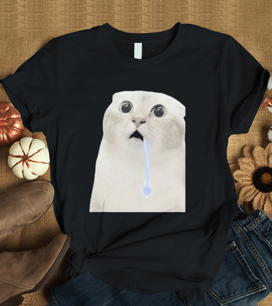 Wide Eyed Drooling Cat Meme Humor T-Shirt