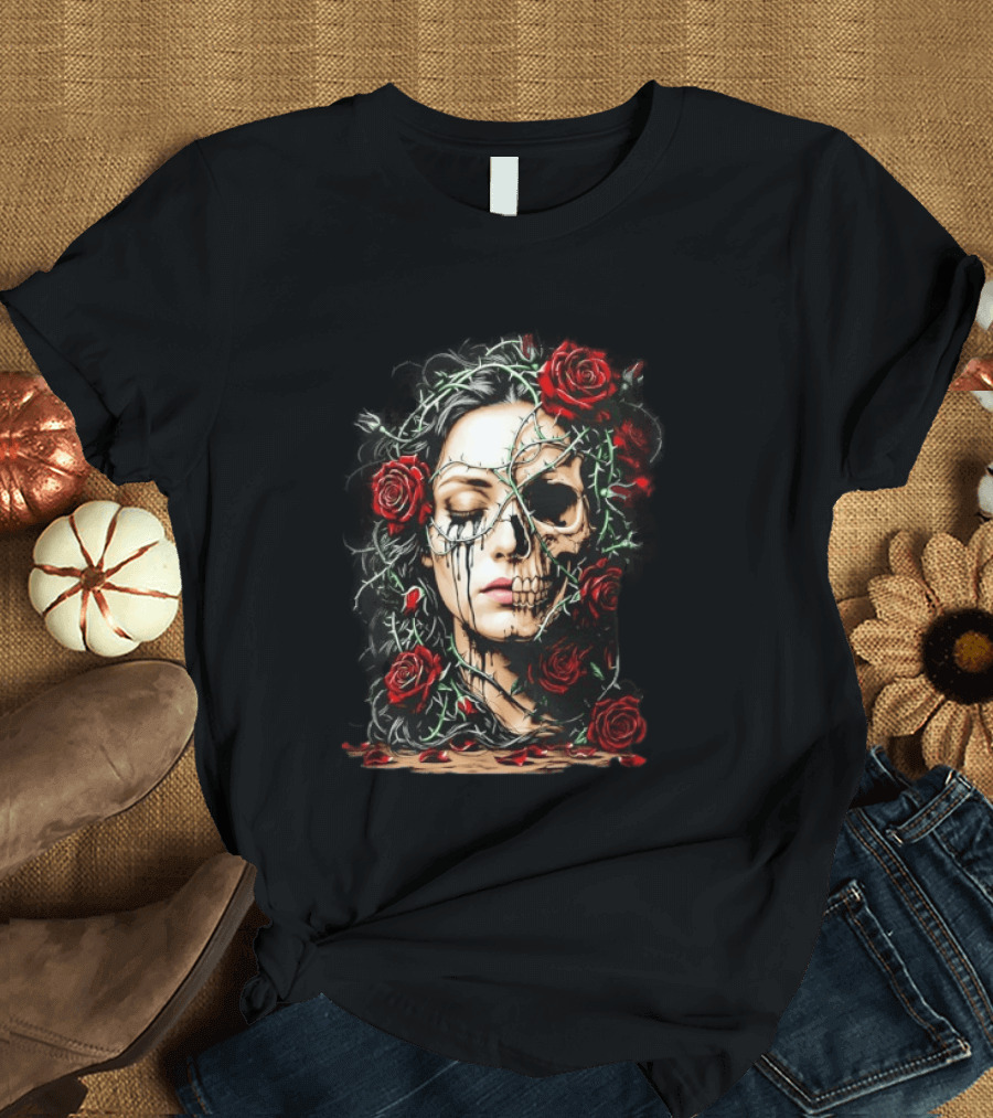 Eleventy Skull And Roses Gothic Heavy Metal Image With Thorns And Red Roses T-Shirt