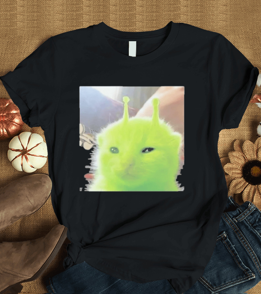 Glorp Alien Cat Winking Whimsical Green Feline With Antennae T-Shirt