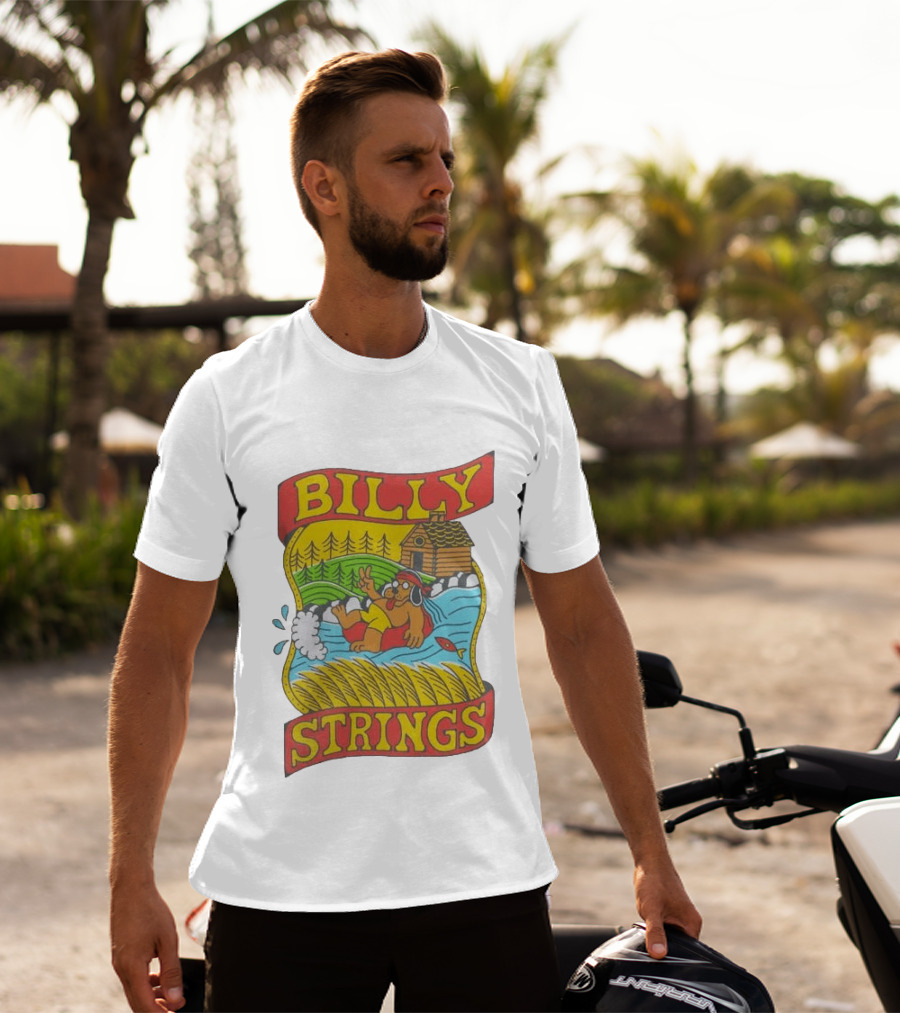 Billy Strings Tubing Bear Cabin Scene With Trees And Fish T-Shirt