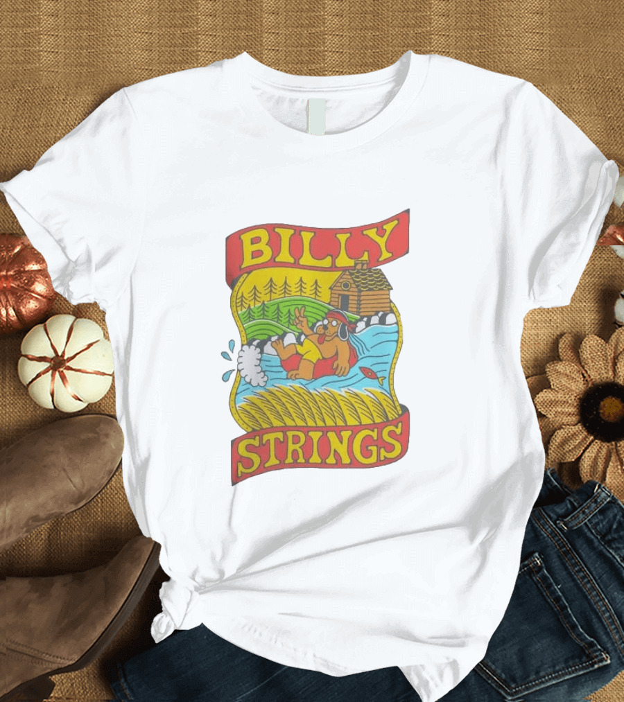 Billy Strings Tubing Bear Cabin Scene With Trees And Fish T-Shirt