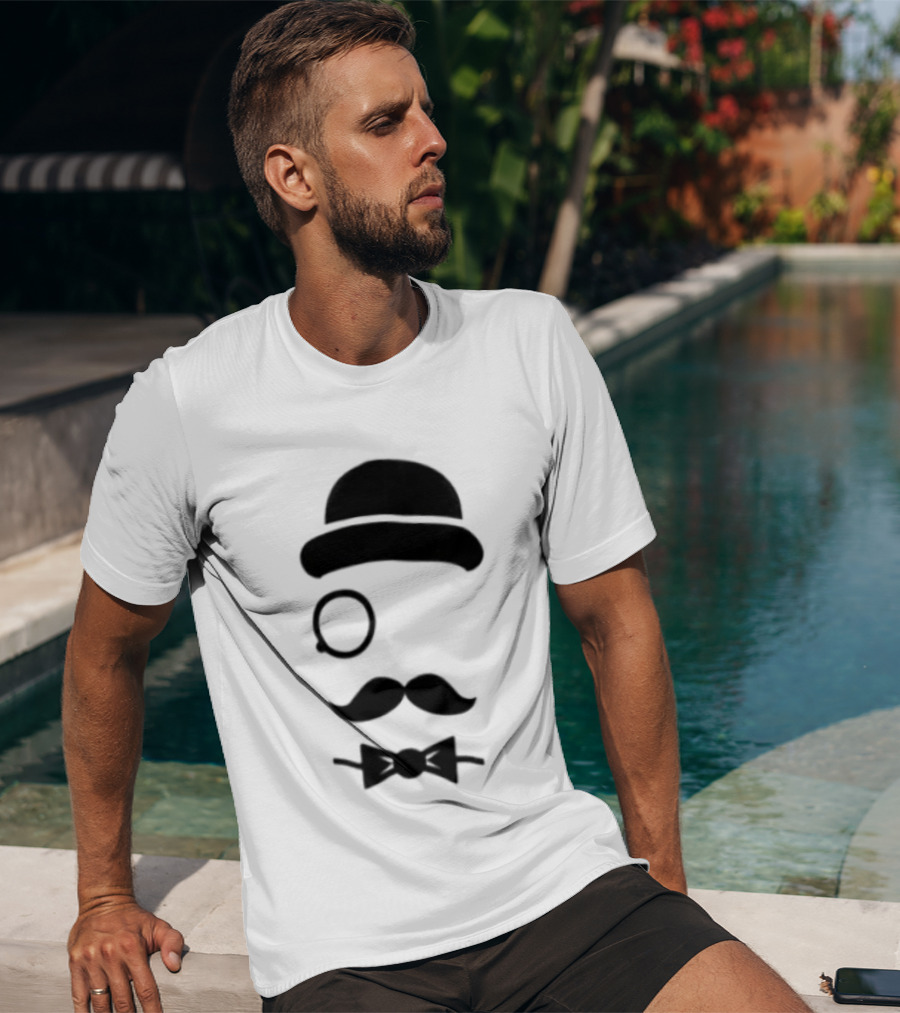 Bowler Hat Monocle Mustache Bow Tie T-Shirt