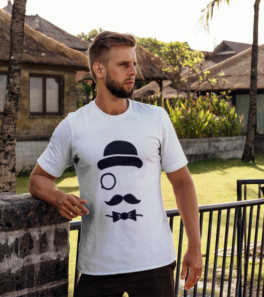 Bowler Hat Monocle Mustache Bow Tie T-Shirt