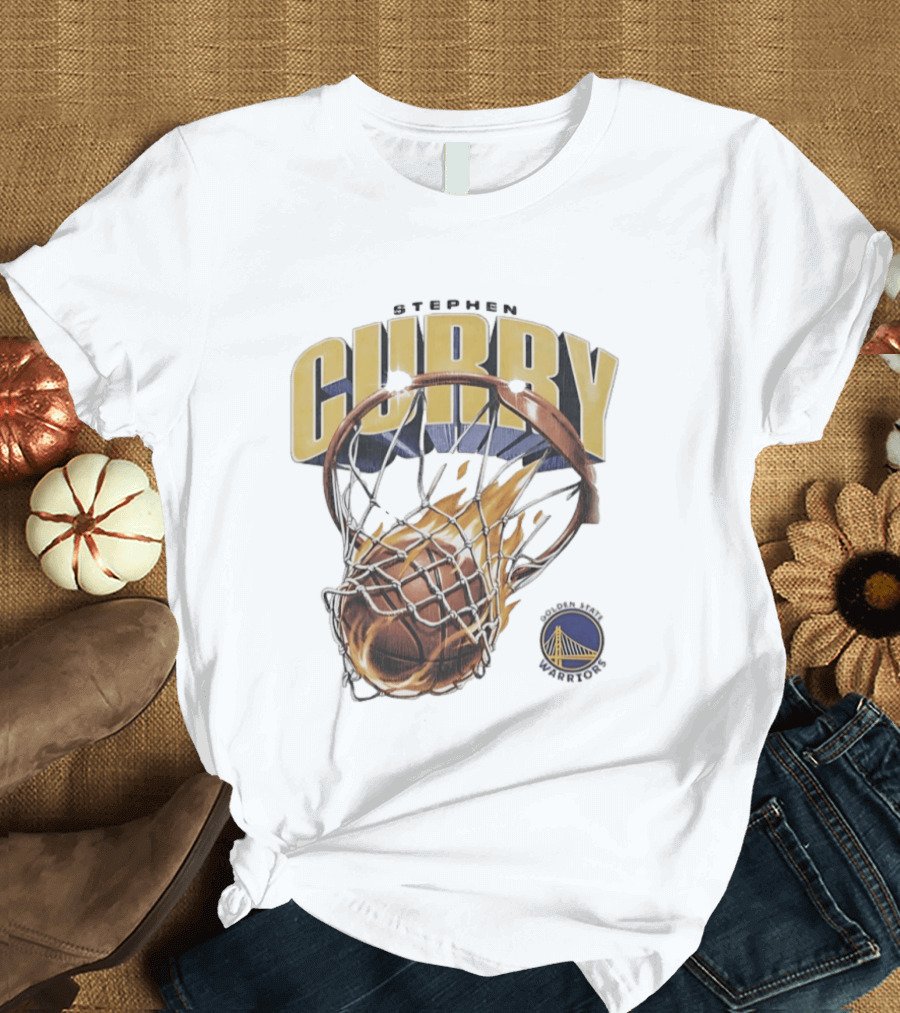 Stephen Curry Golden State Warriors Flaming Basketball Net T-Shirt