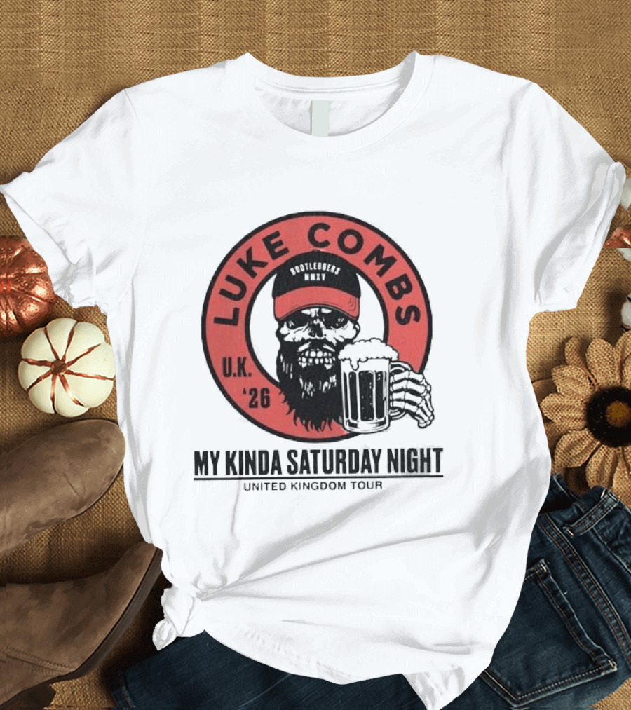 Luke Combs My Kinda Saturday Night UK Tour 2026 Pop Up Skeleton Holding Beer T-Shirt
