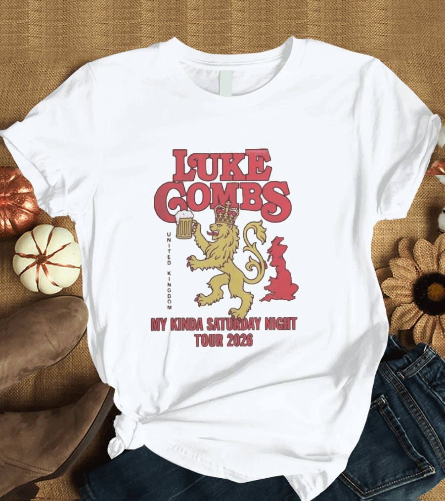 Luke Combs United Kingdom My Kinda Saturday Night Tour 2026 Lion Holding Beer T-Shirt