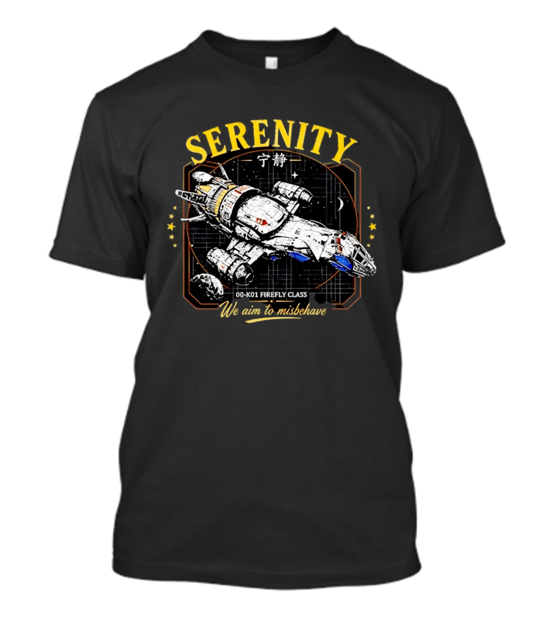 Serenity Firefly Class Spaceship 00 K01 We Aim To Misbehave T-Shirt
