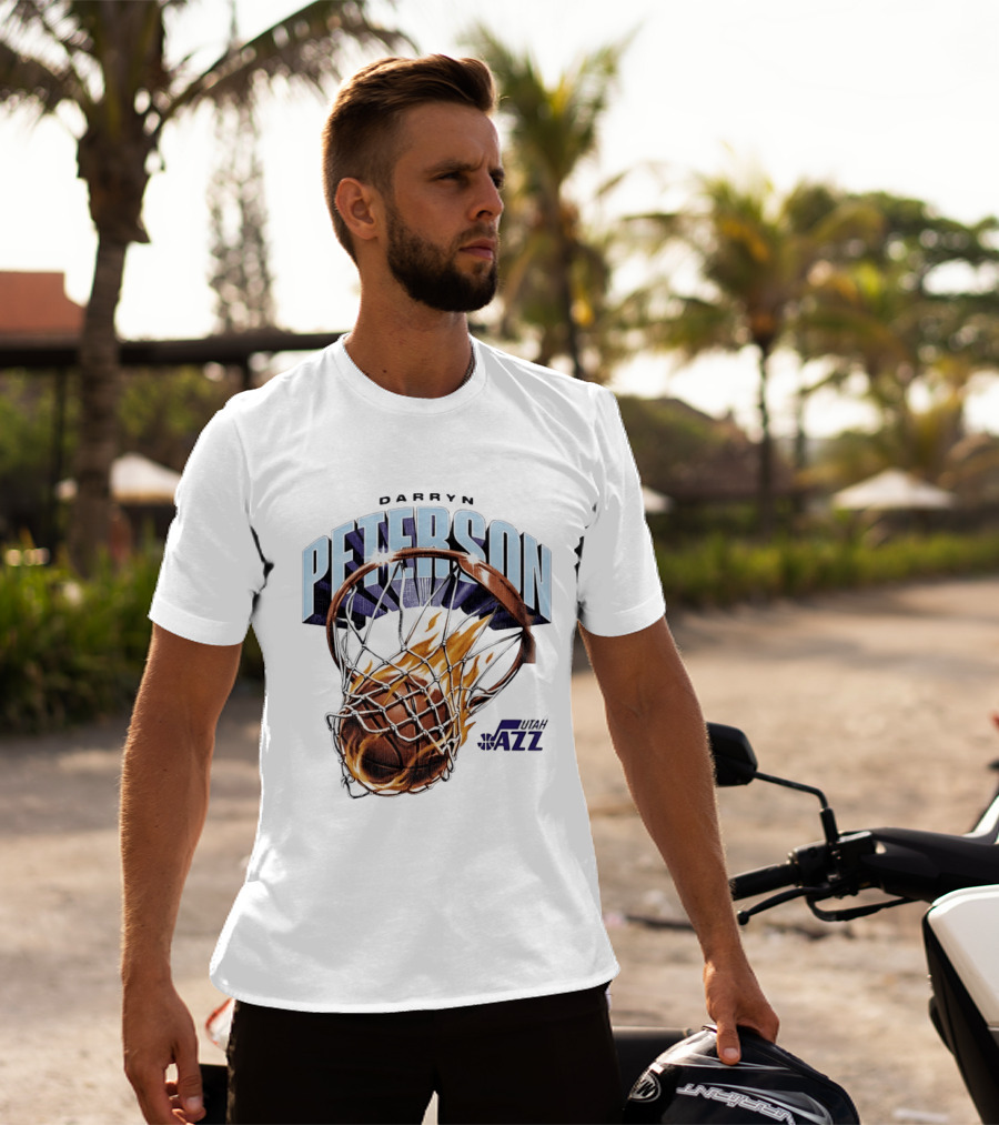 Darryn Peterson NBA Utah Jazz Basketball Hoop Flames T-Shirt