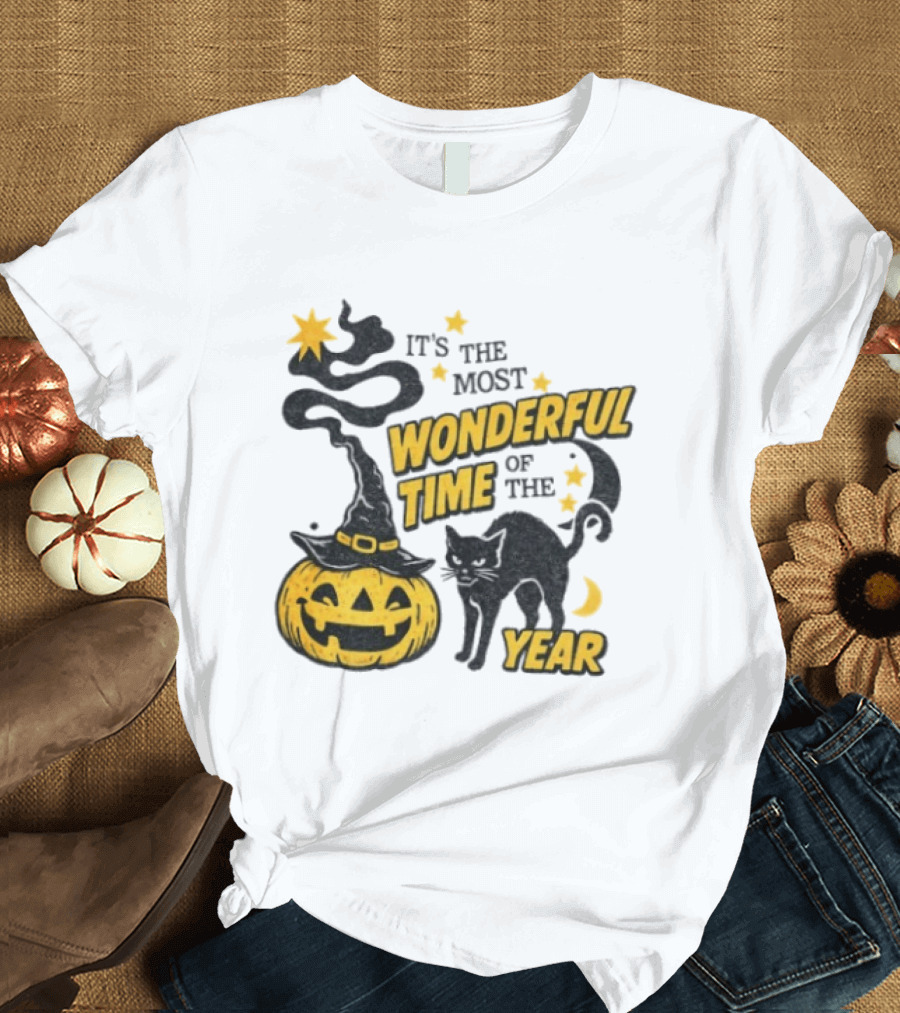 It's The Most Wonderful Time Of The Year Halloween Pumpkin Black Cat T-Shirt