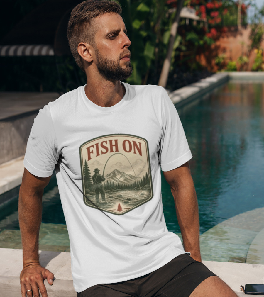 Fish On Fly Fishing Fisherman Mountain Landscape Adventure T-Shirt