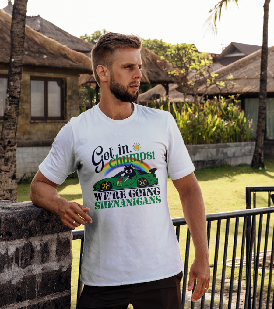 Get In Chumps Shenanigans Cat Driving Car Cartoon Rainbow Sun T-Shirt
