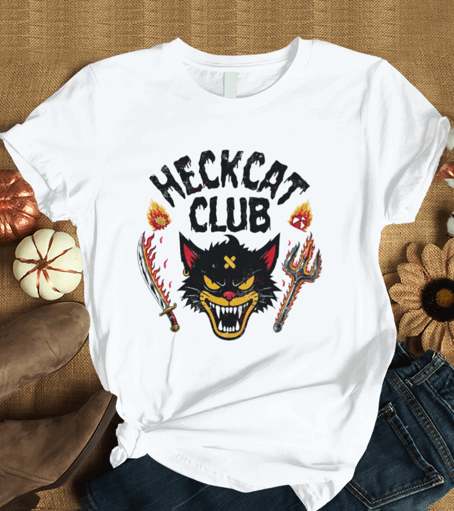 Heckcat Club Black Cat Sword Trident Flames T-Shirt