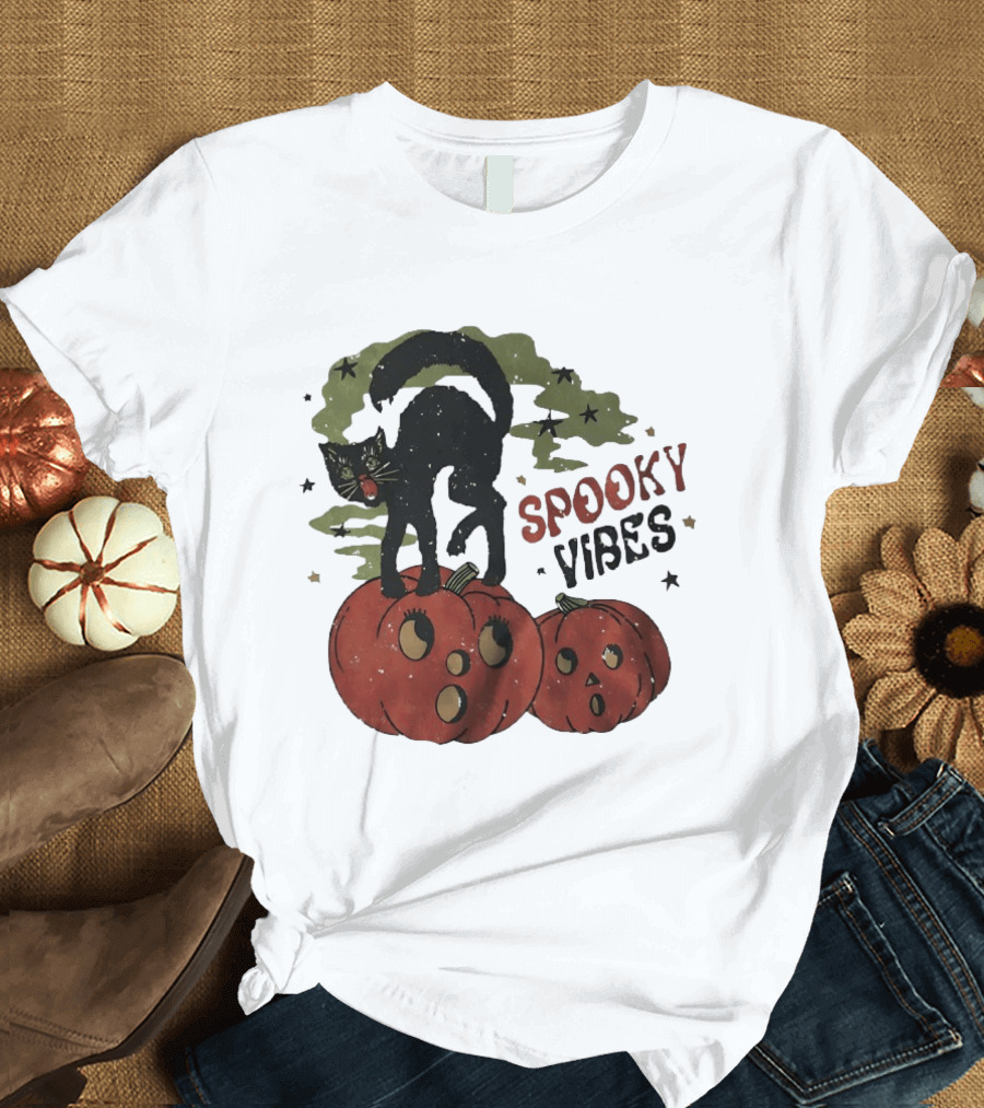 Spooky Vibes Black Cat Pumpkins Halloween Cartoon Stars T-Shirt