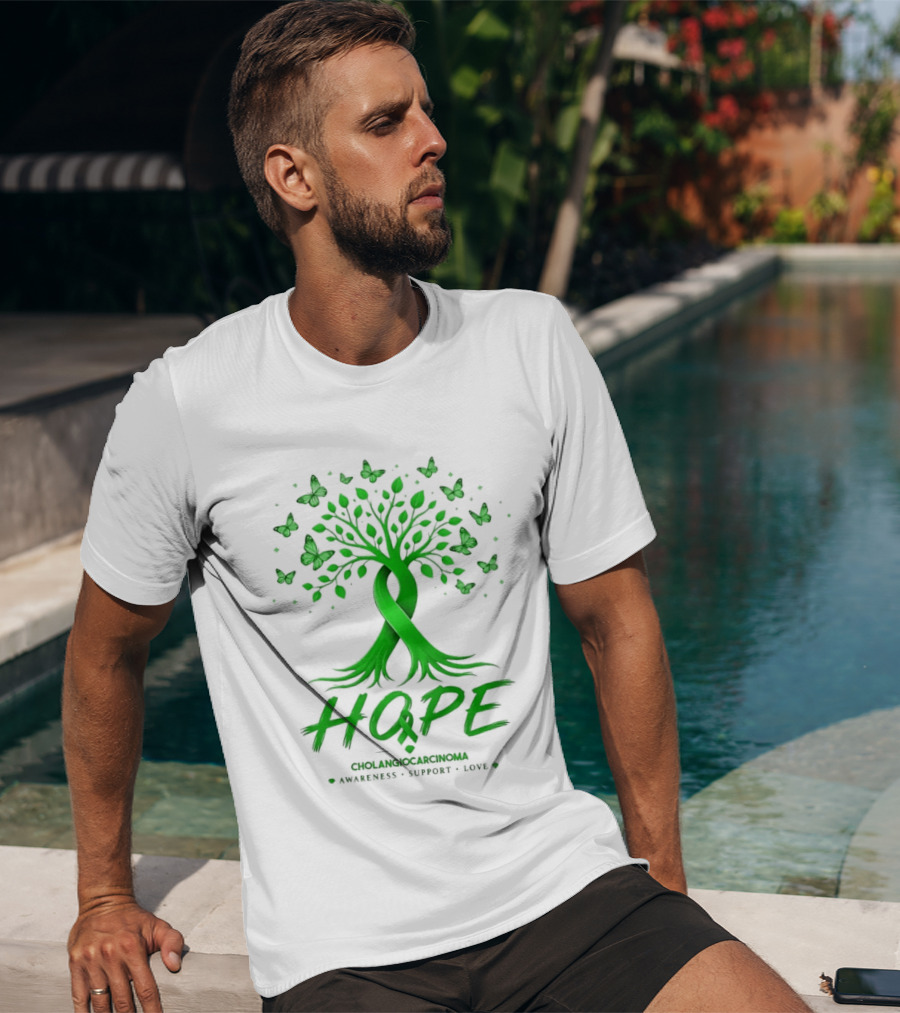 Hope Tree With Butterflies Cholangiocarcinoma Awareness Support Love Ribbon T-Shirt
