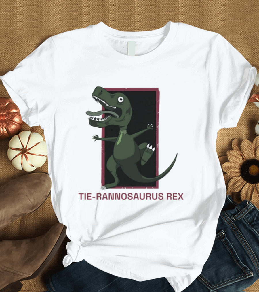 TIE RANNOSAURUS REX Dinosaur Humor Pun With Green Tie T-Shirt