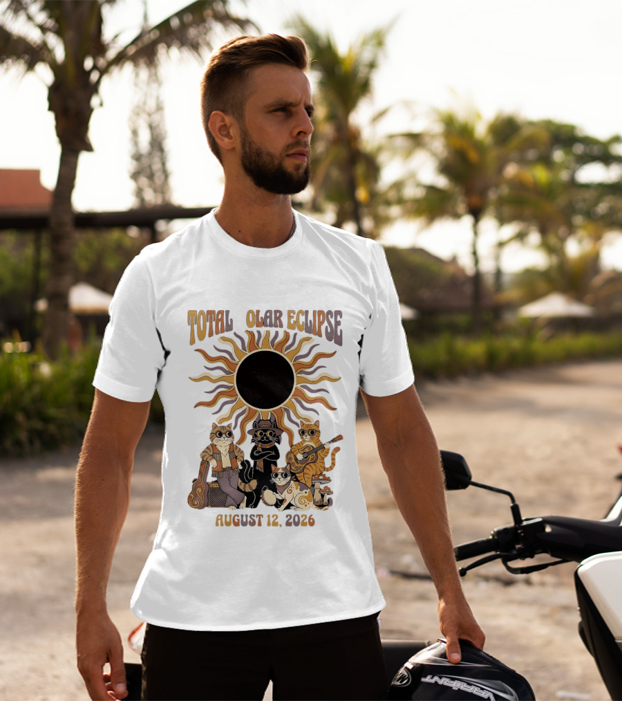 Total Solar Eclipse August 12 2026 Cats Band With Instruments And Sunglasses T-Shirt