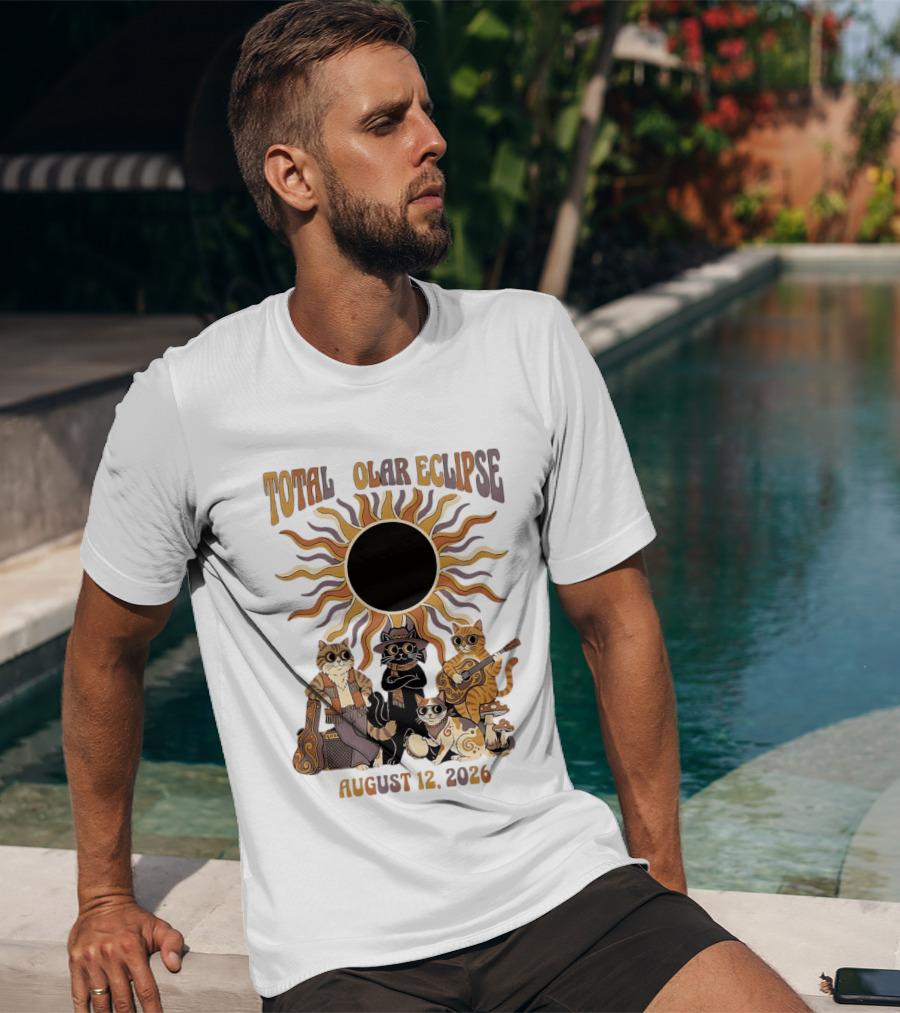 Total Solar Eclipse August 12 2026 Cats Band With Instruments And Sunglasses T-Shirt