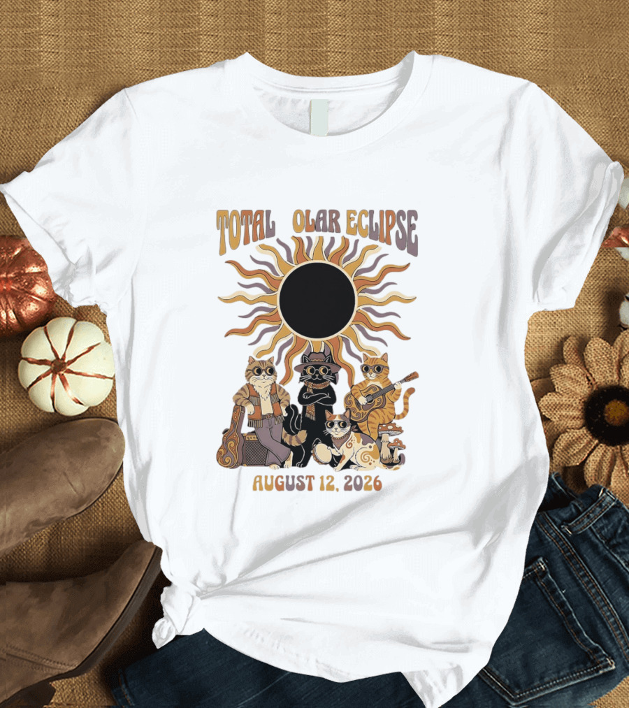 Total Solar Eclipse August 12 2026 Cats Band With Instruments And Sunglasses T-Shirt