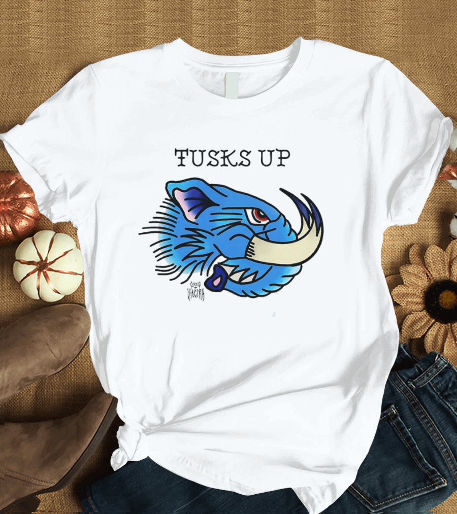 Tusks Up Blue Boar Head By Ghou Viscera T-Shirt