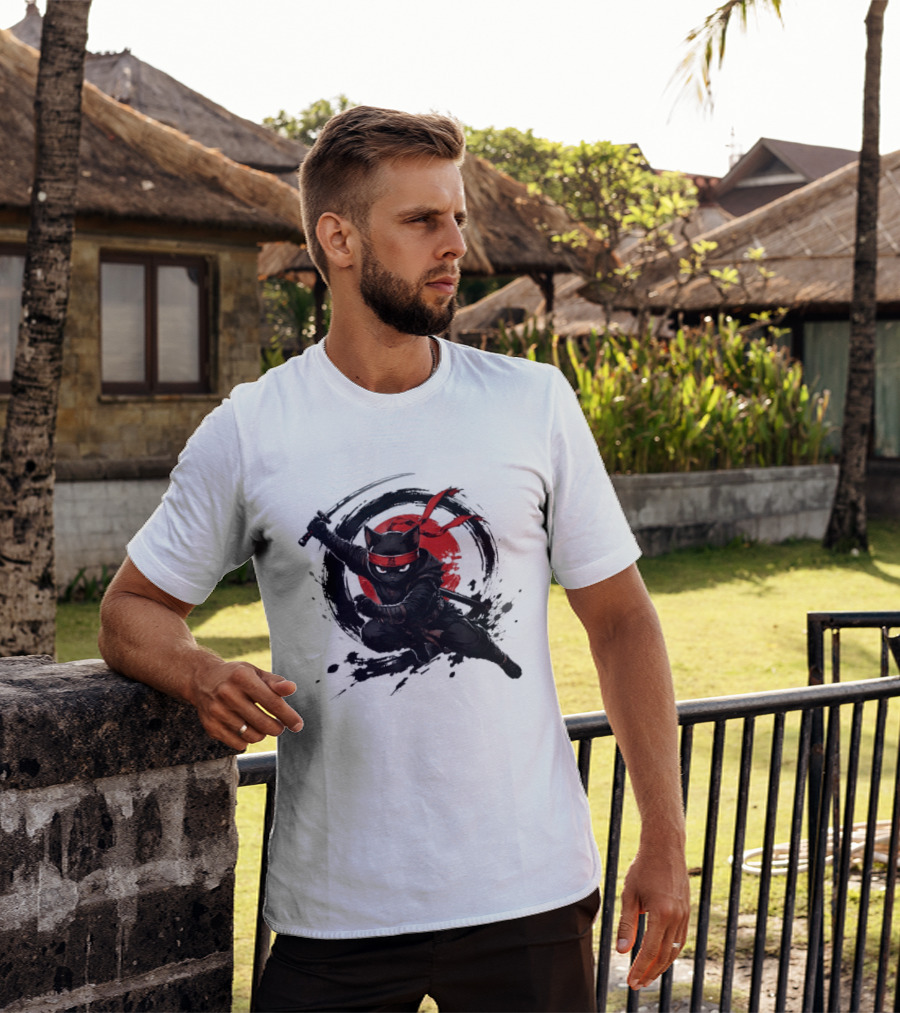 Ninja Cat Katana Warrior Red Rising Sun T-Shirt