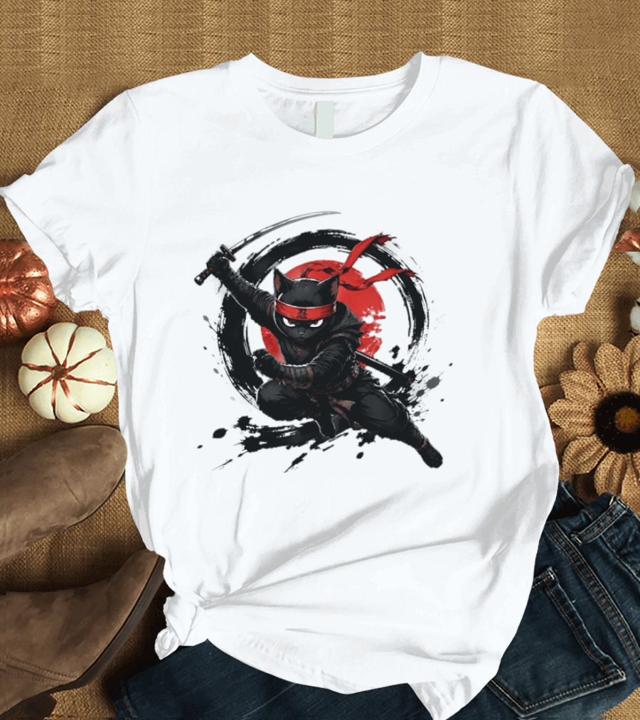 Ninja Cat Katana Warrior Red Rising Sun T-Shirt