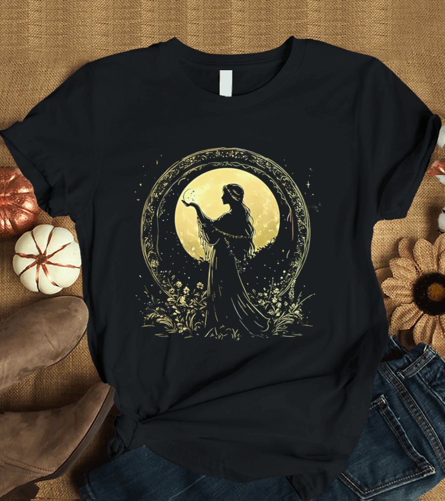 Woman Holding Moon Crescent Celestial Golden Lunar T-Shirt