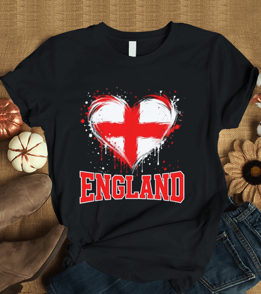 England Heart Flag Paint Splatter Red And White Cross T-Shirt
