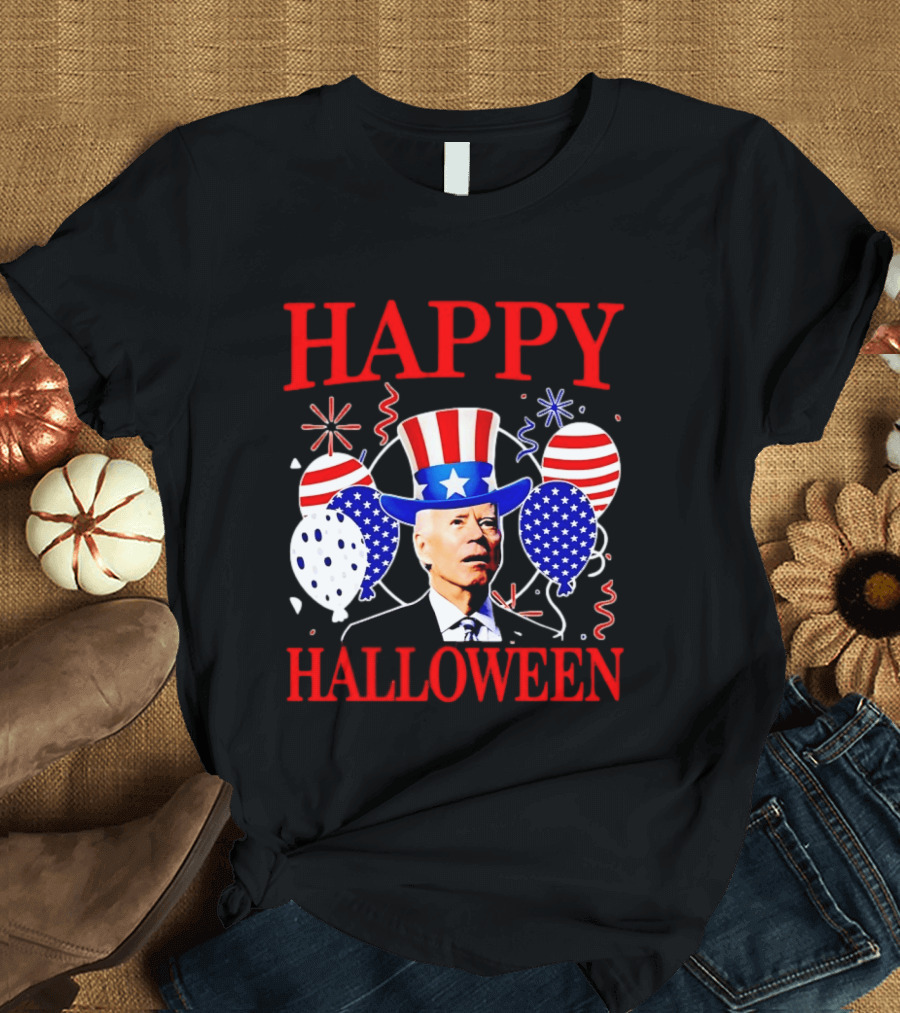 Happy Halloween Biden Uncle Sam Hat American Flag Balloons T-Shirt