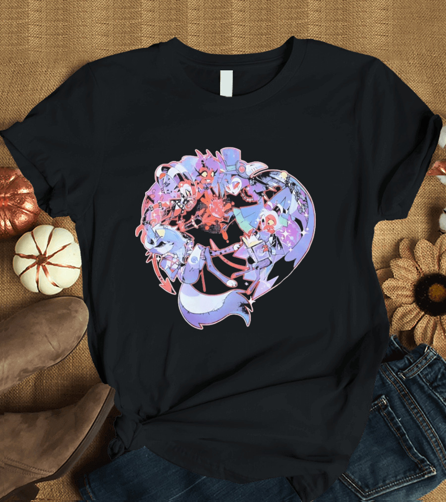 Helluva Boss Blitzø Moxxie Heart Character Collage T-Shirt
