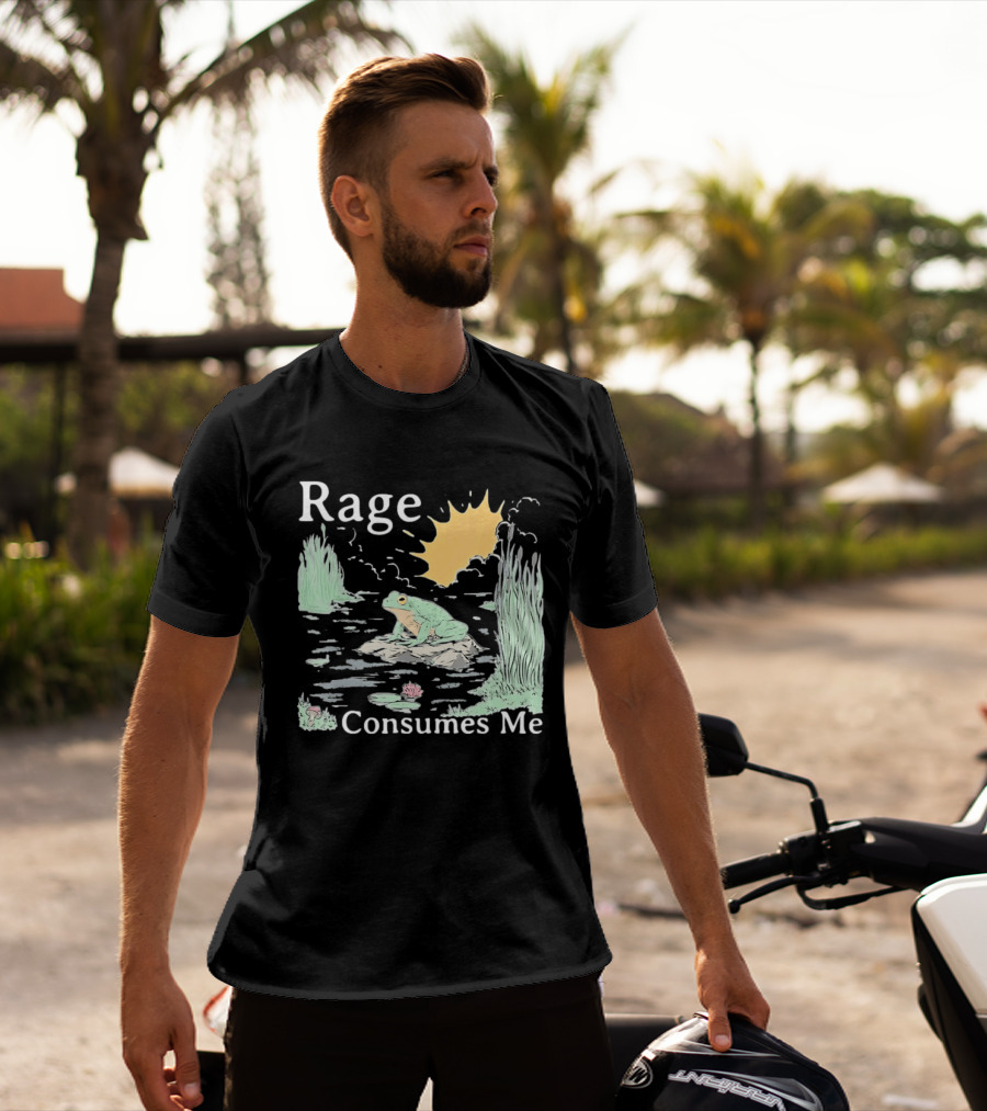 Rage Consumes Me Frog On Rock With Sunburst And Pond Scene T-Shirt