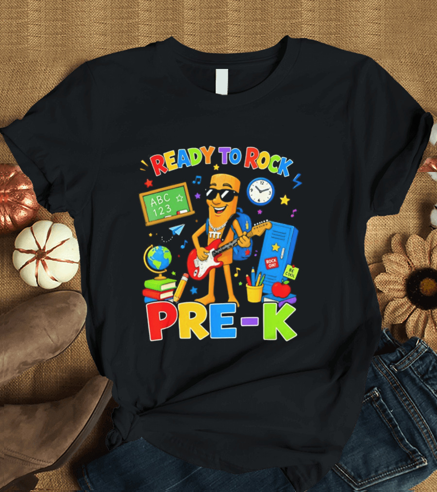 Ready To Rock Pre K Cartoon With Guitar And School Supplies T-Shirt