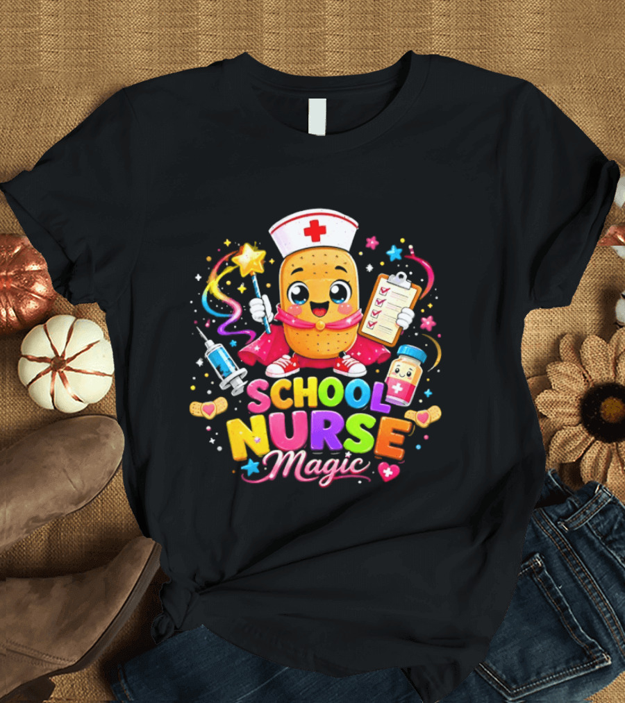 Magic School Nurse Potato Cartoon With Syringe And Pill T-Shirt