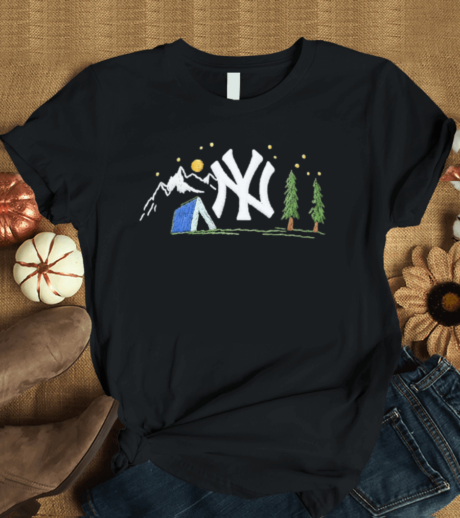 New York Yankees Embroidered Camping Mountain Tent Scene Cap T-Shirt
