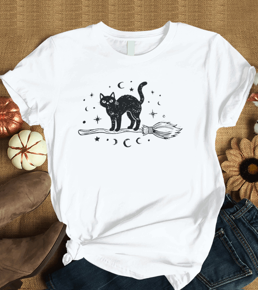 Black Cat With Celestial Moons Stars On Broomstick T-Shirt